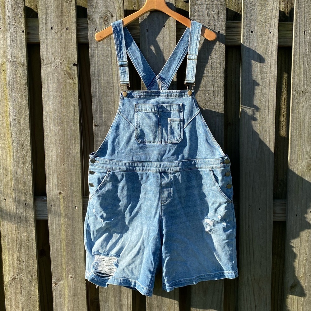 Lane Bryant Boyfriend Short Overalls - Destructed Light Wash